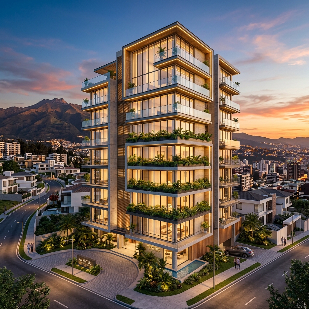 Edificio residencial de lujo en Quito al atardecer